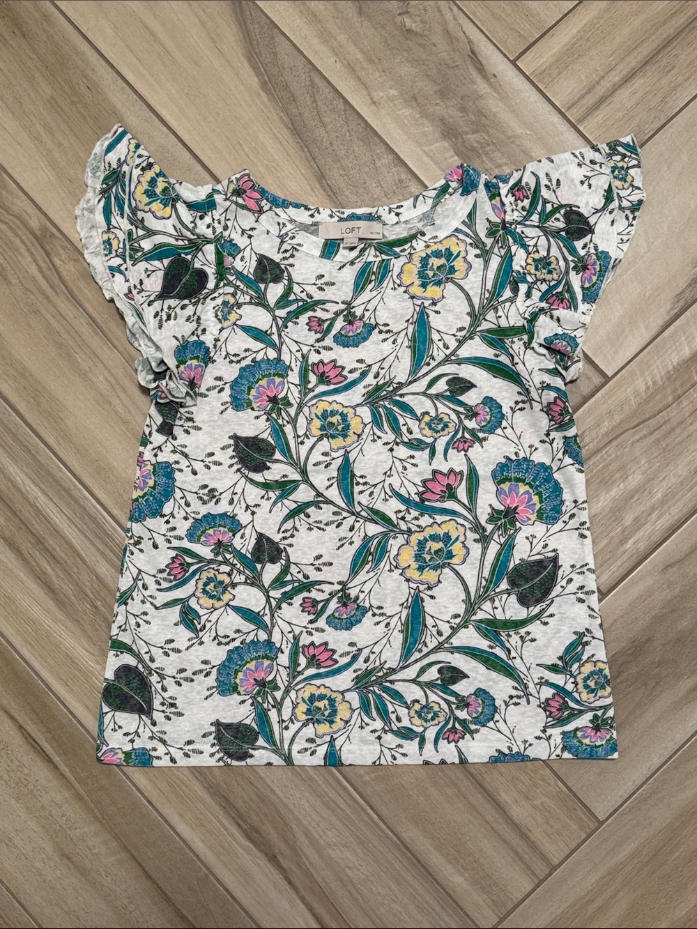 LOFT White Floral Ruffle Sleeve Top with Green, Blue & Pink